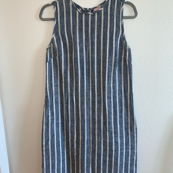 blue and white striped linen dress